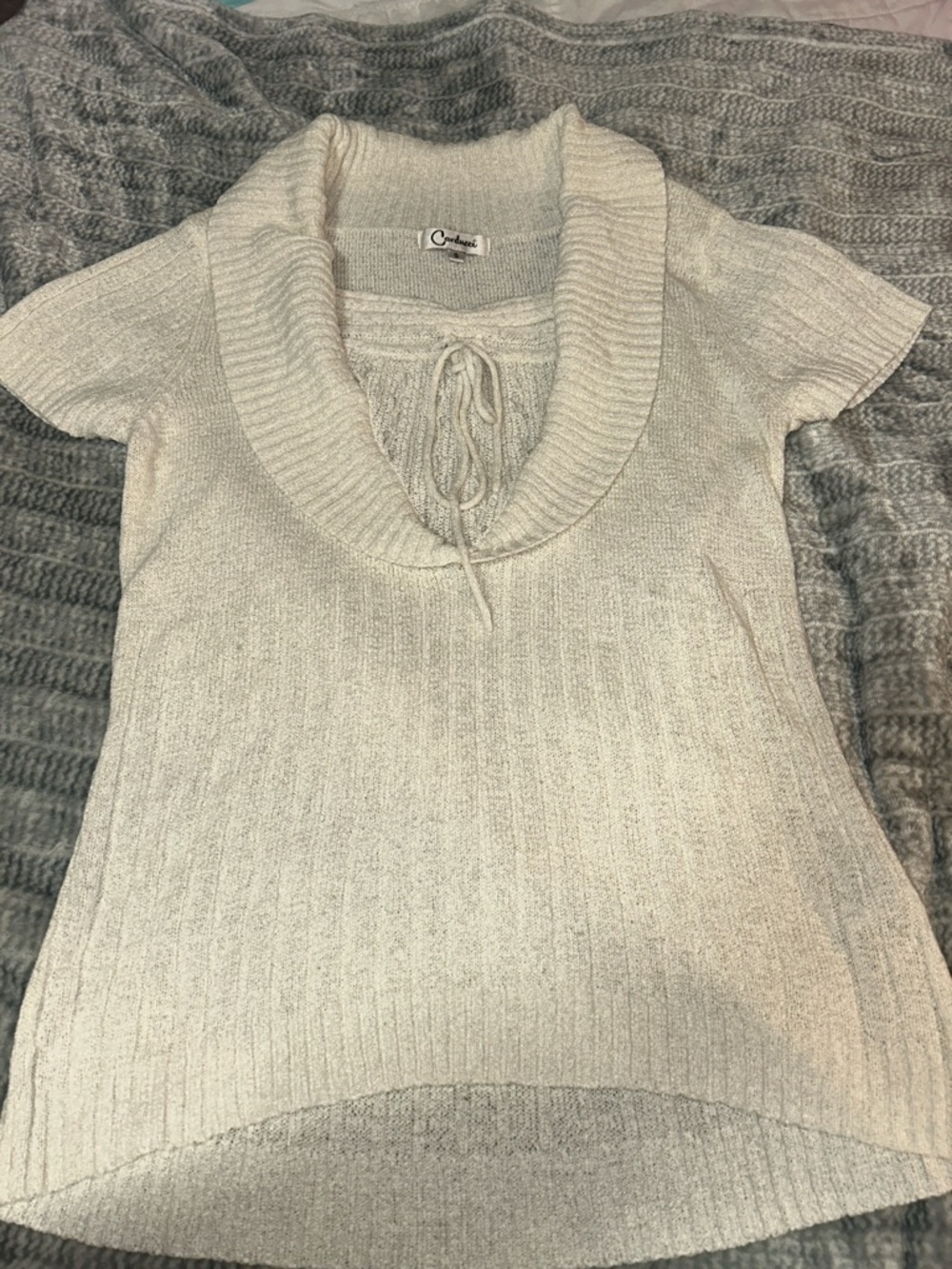 Cozy Cream Ribbed Short-Sleeve Sweater Top with Shawl Collar